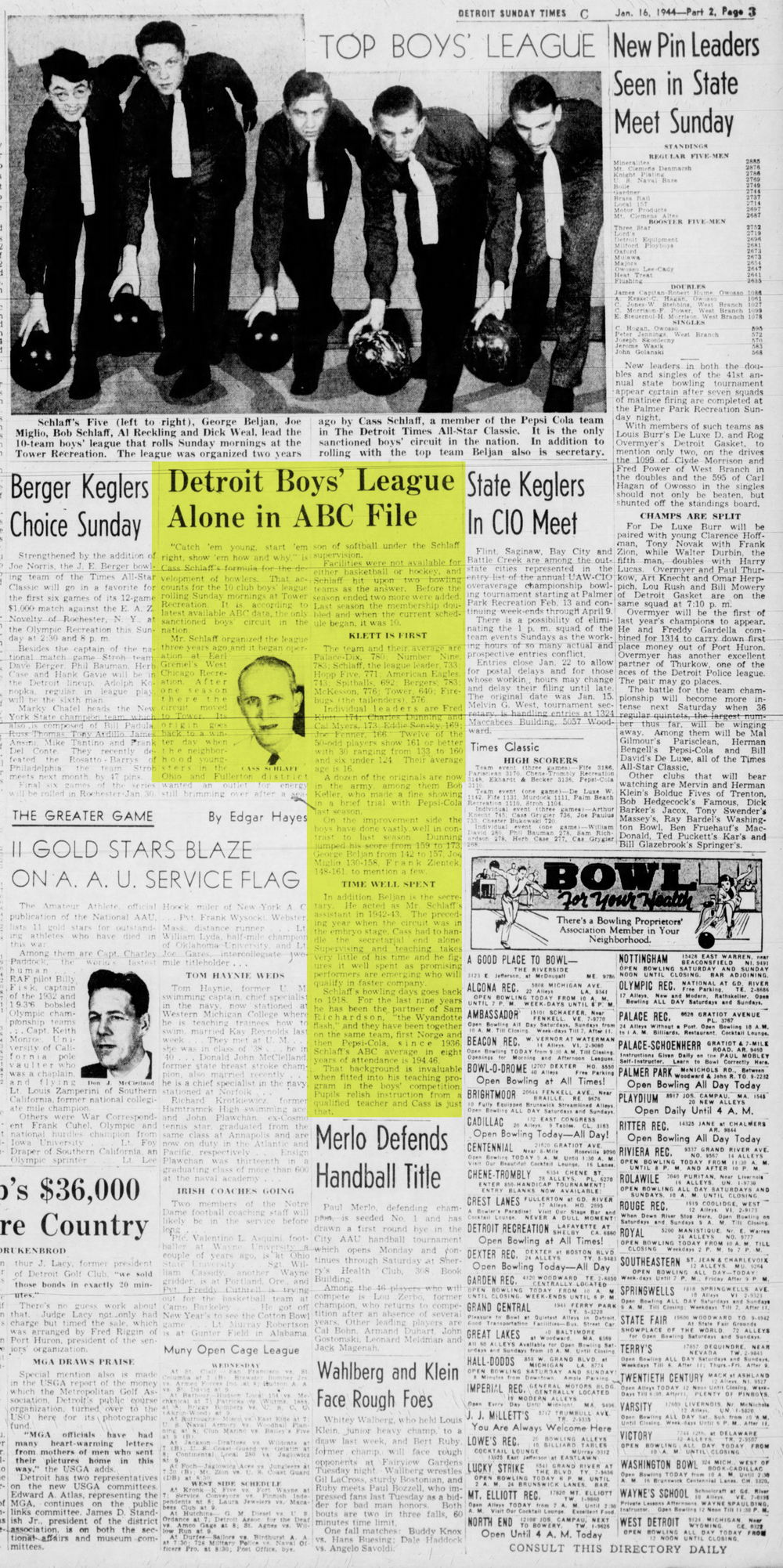 Tower Recreation - Detroit Evening Times Sun Jan 1944 Boys League